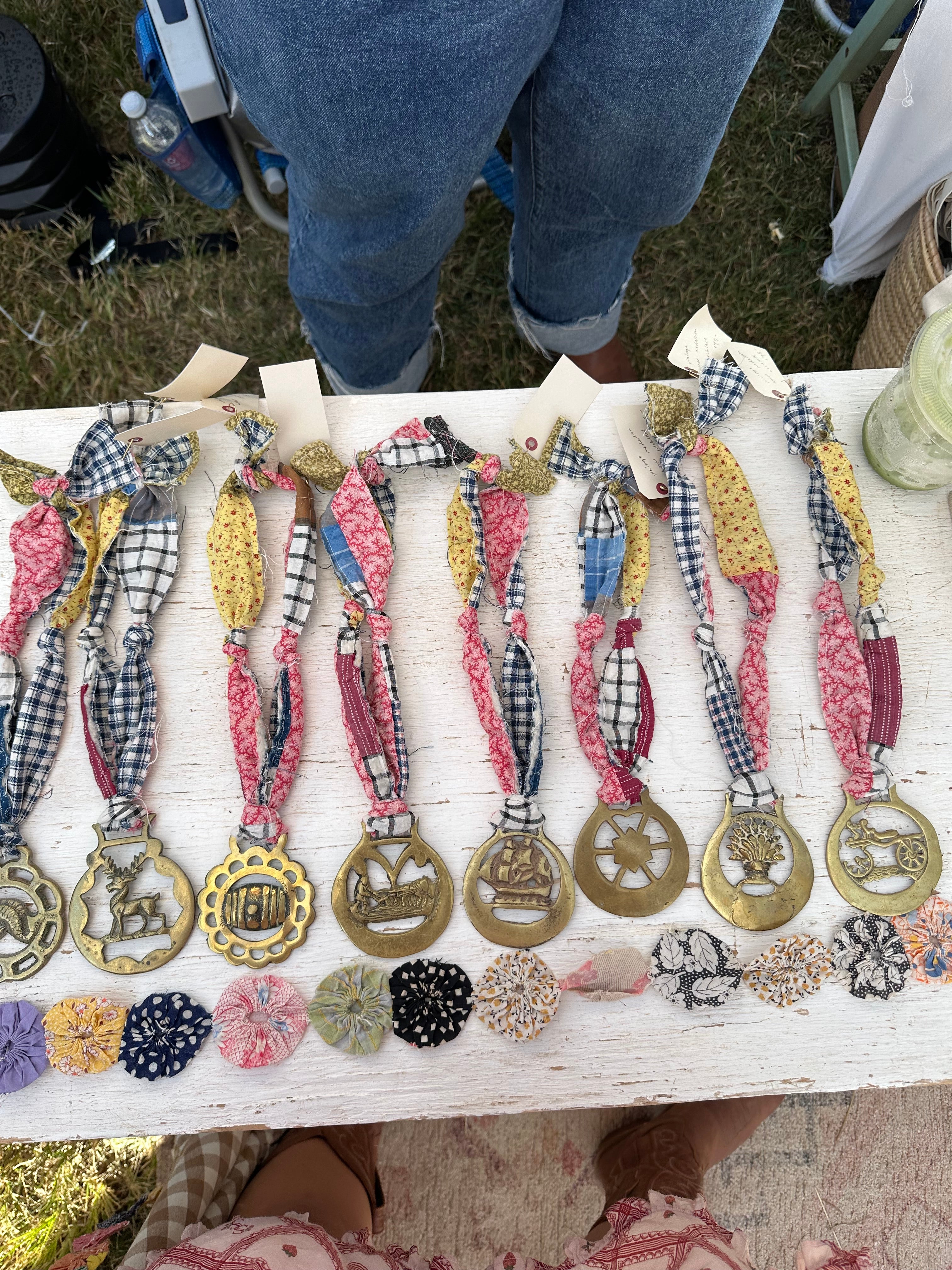 Vintage Horse Brass + Quilt Necklaces (blue plaid!)