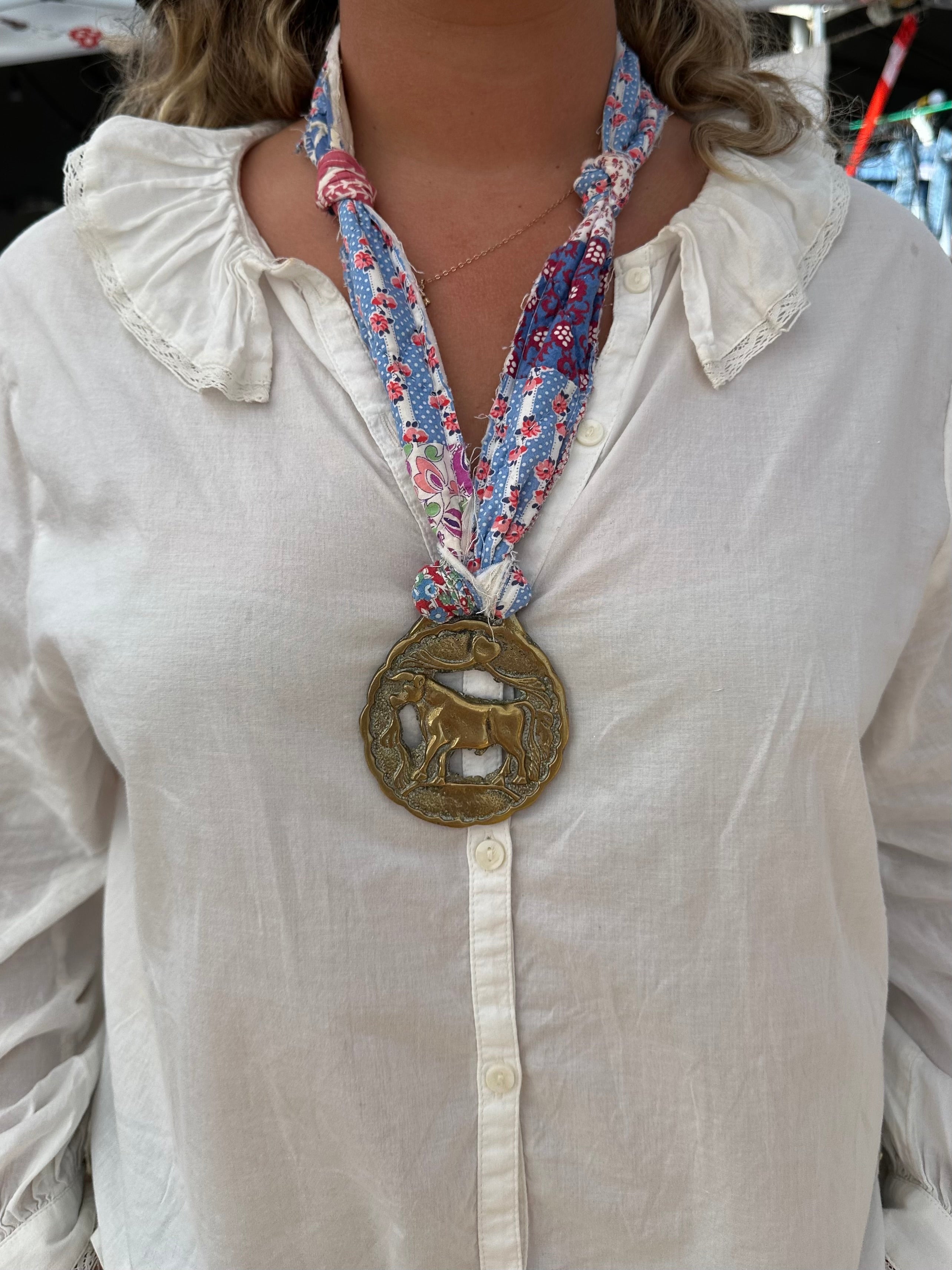 Vintage Horse Brass + Quilt Necklace (01)