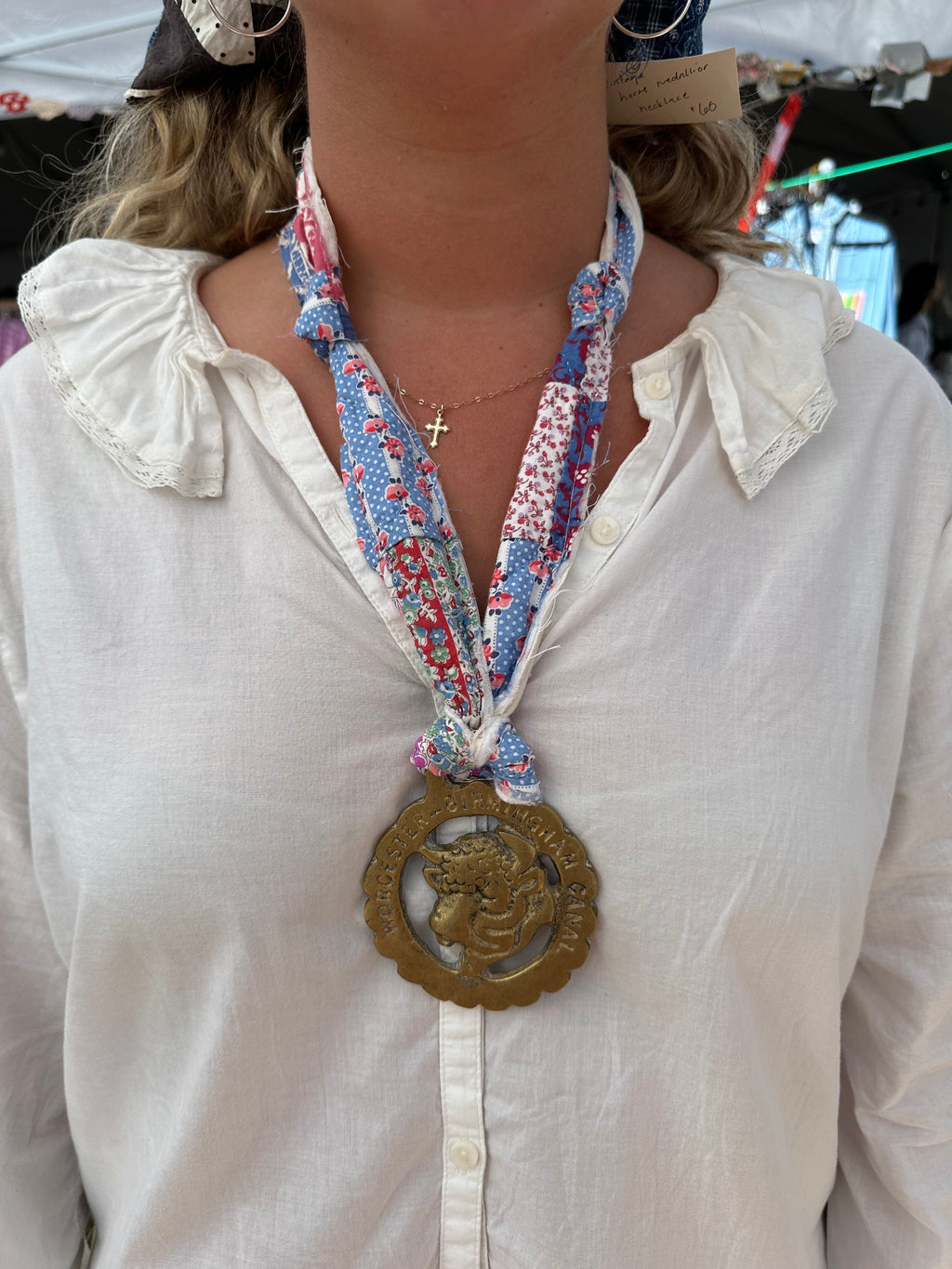Vintage Horse Brass + Quilt Necklace (02)