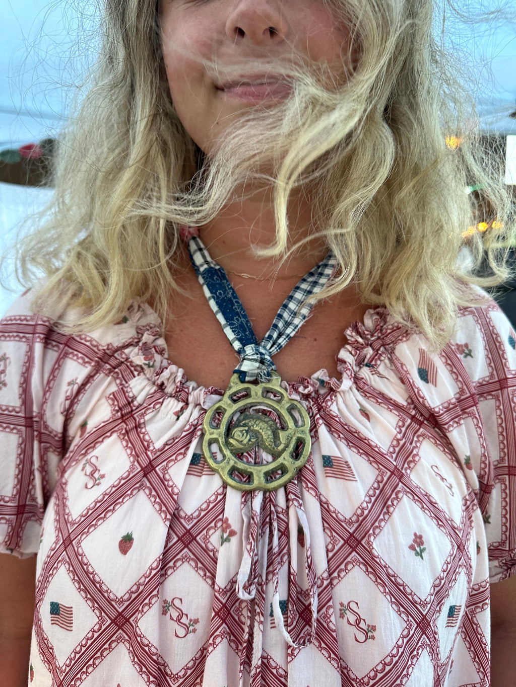 Vintage Horse Brass + Quilt Necklaces (blue plaid!)