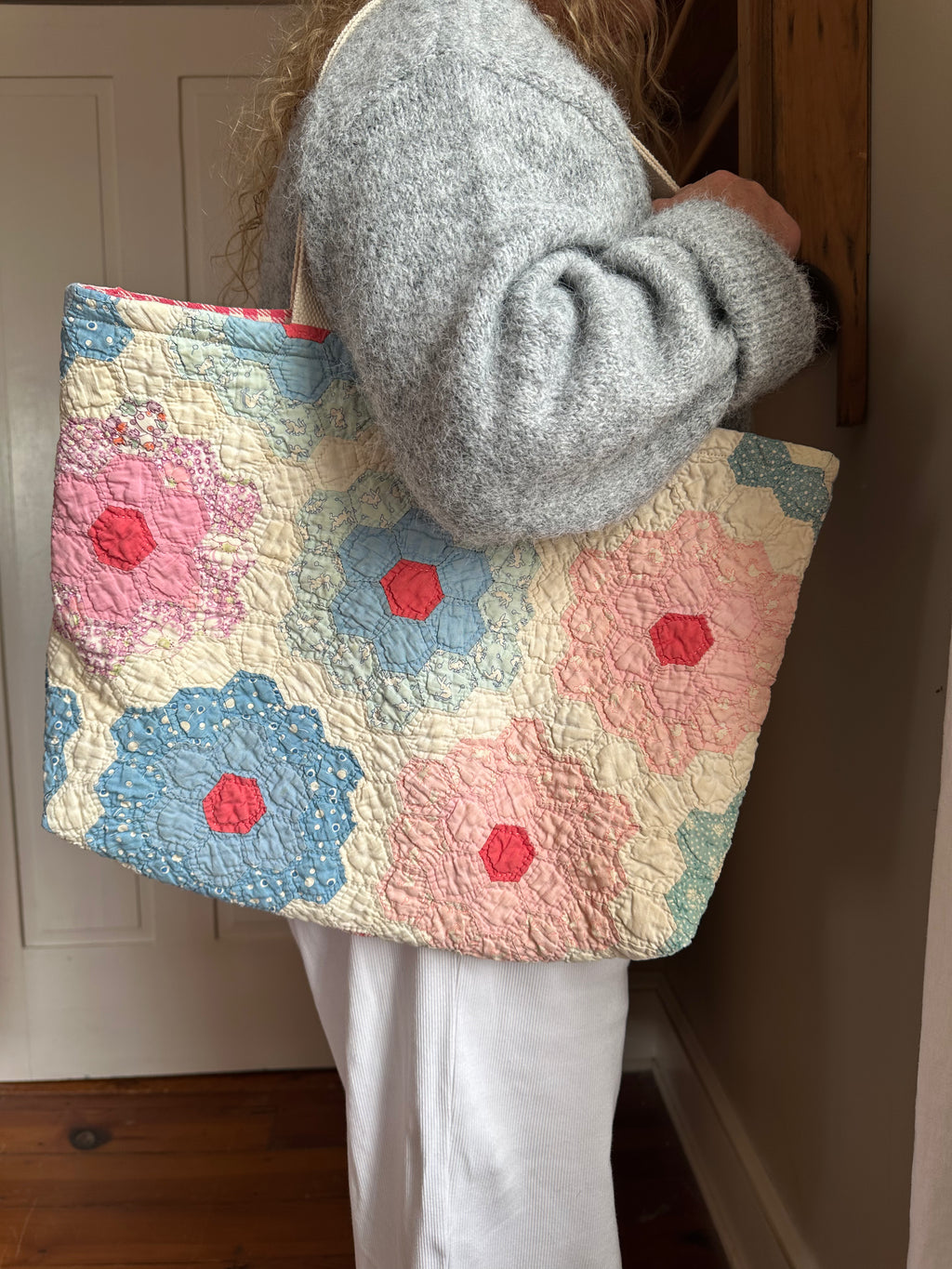Pink Grandma's Garden Quilt Tote Bag