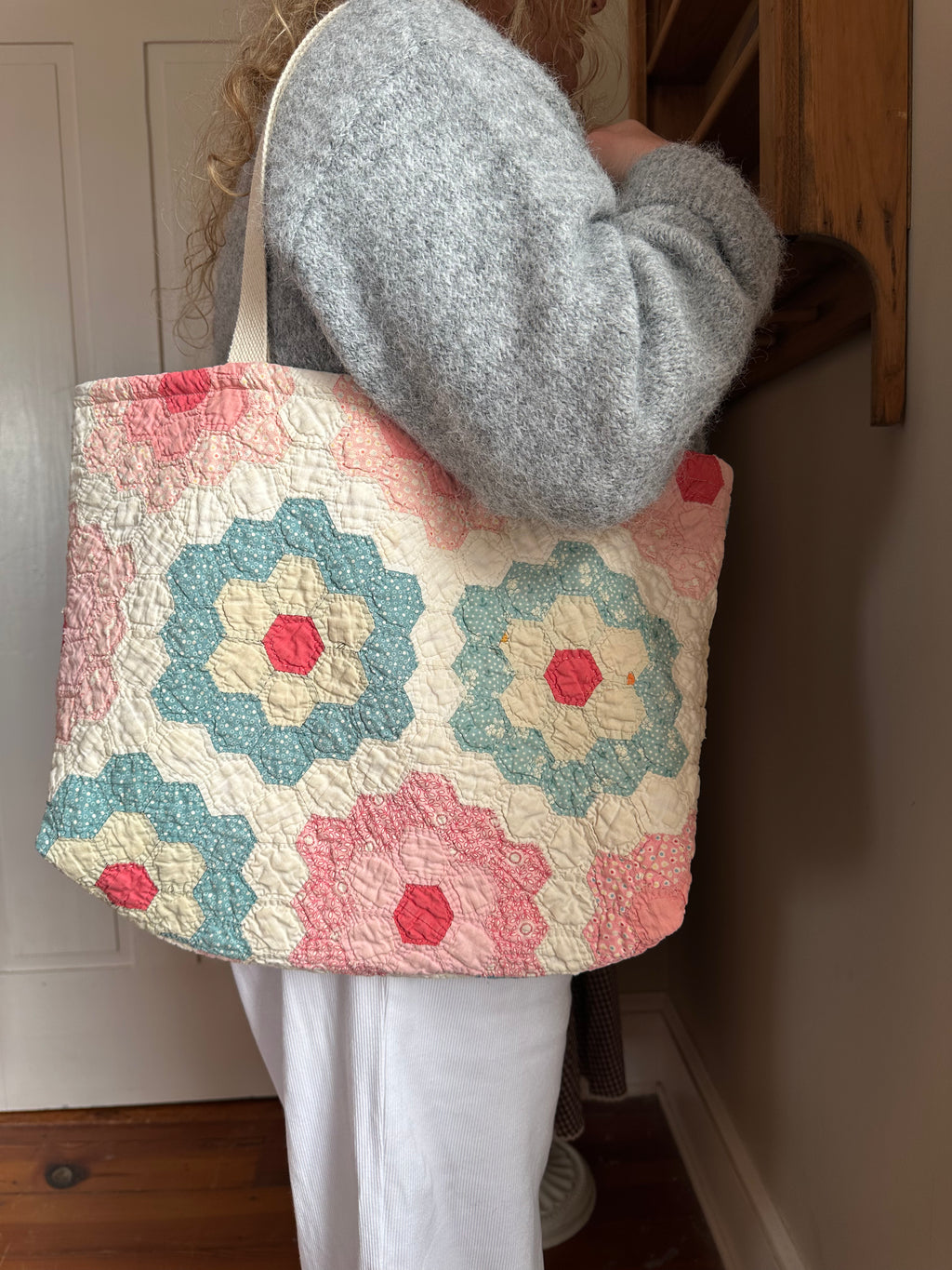 Pink Grandma's Garden Quilt Tote Bag
