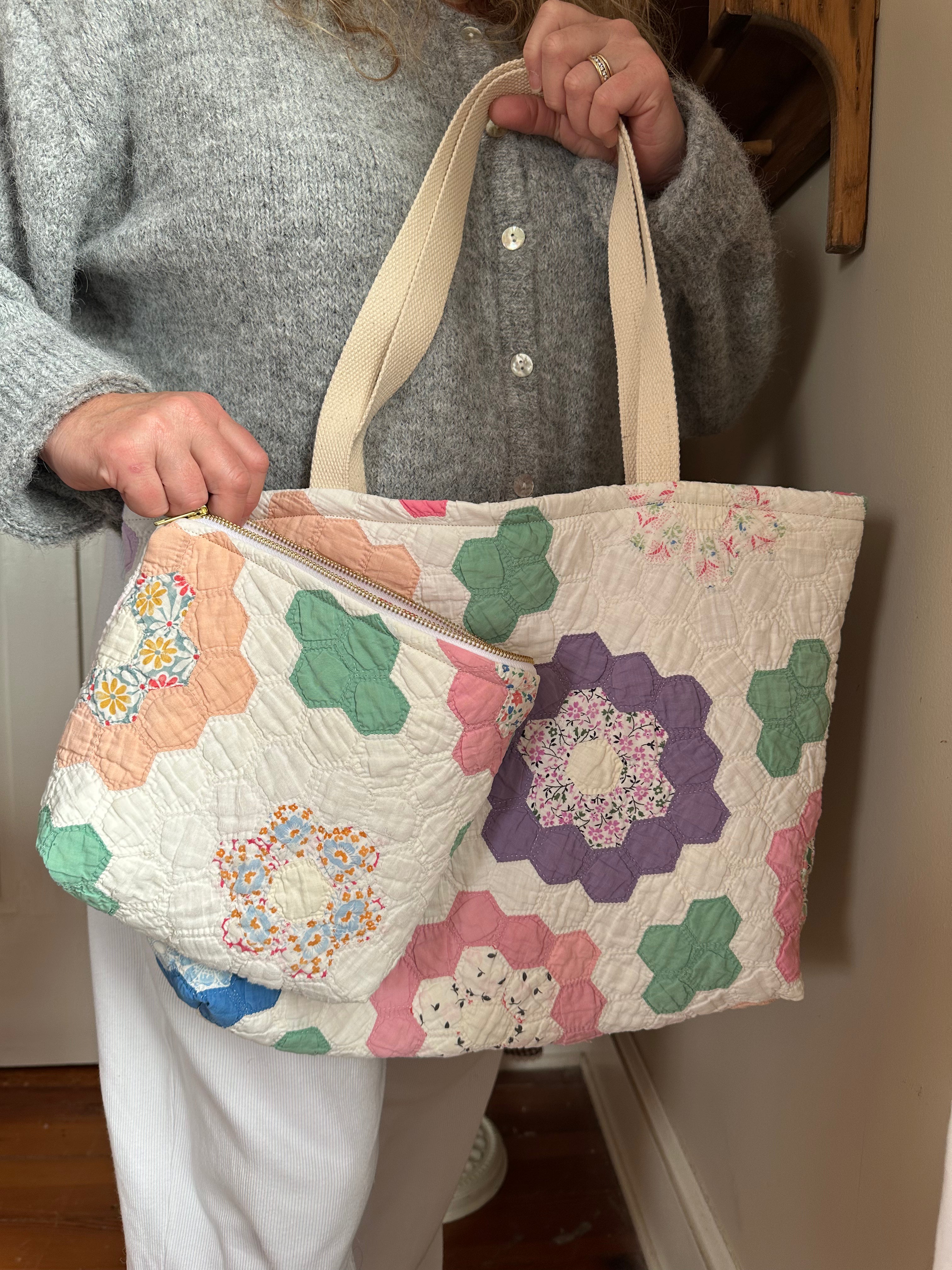 Green Grandma's Garden Quilt Tote Bag & Pouch Set