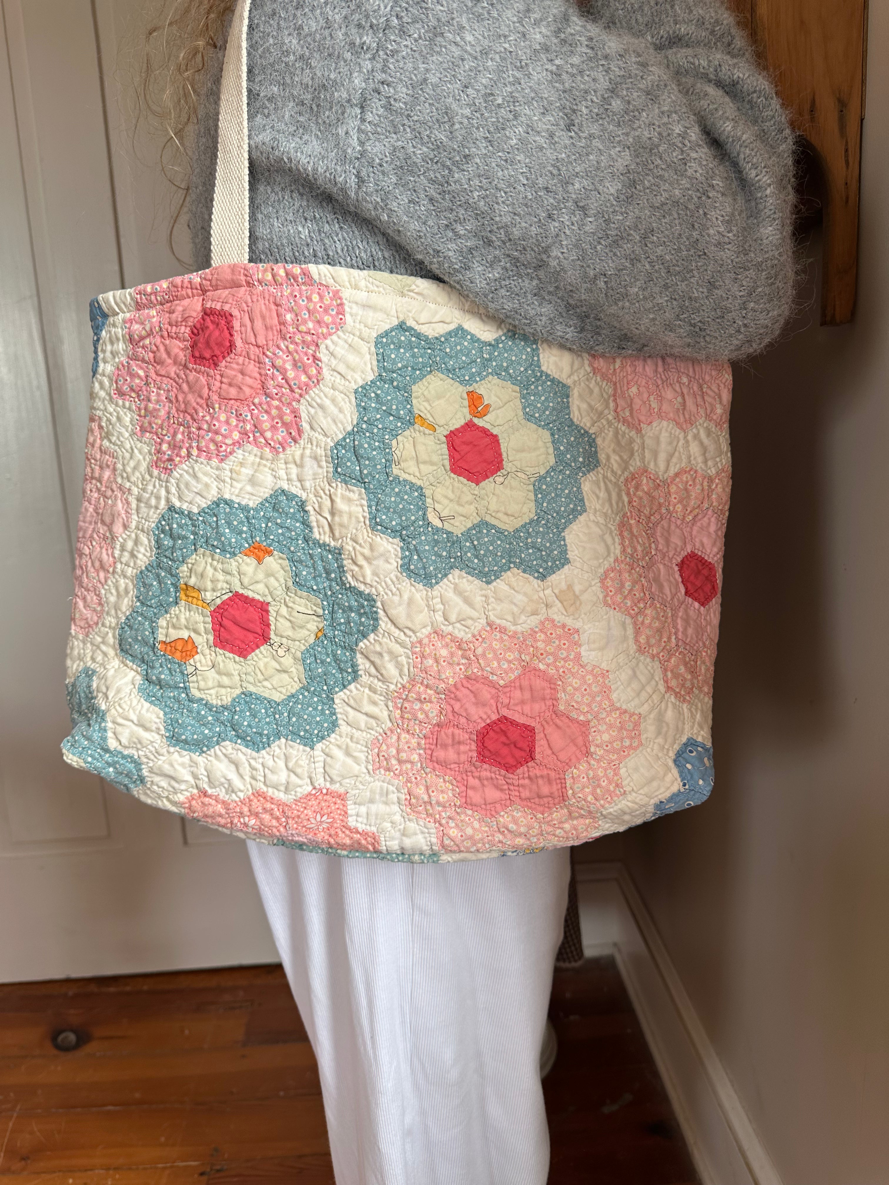 Pink Grandma's Garden Quilt Tote Bag & Pouch Set