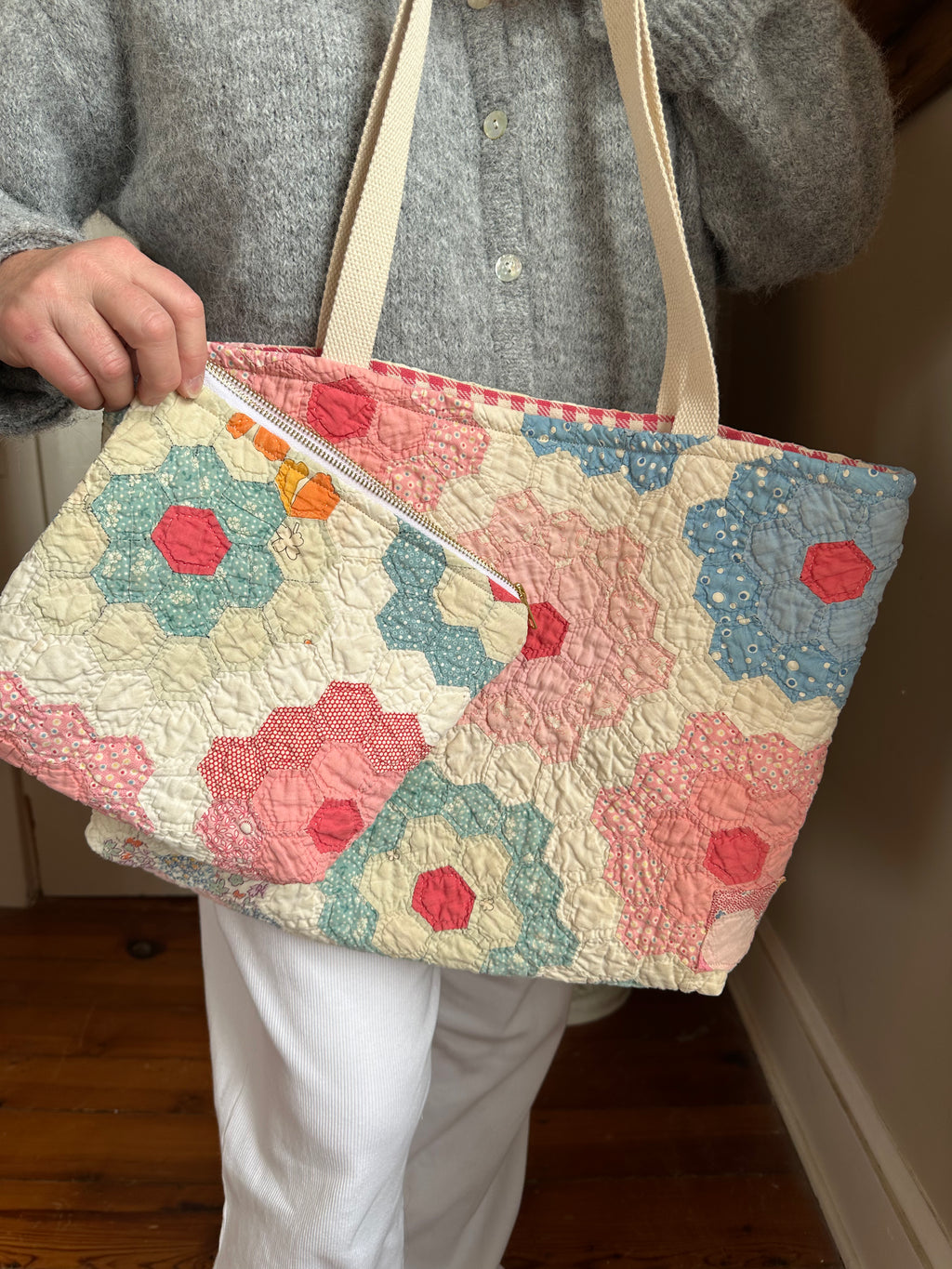 Pink Grandma's Garden Quilt Tote Bag & Pouch Set